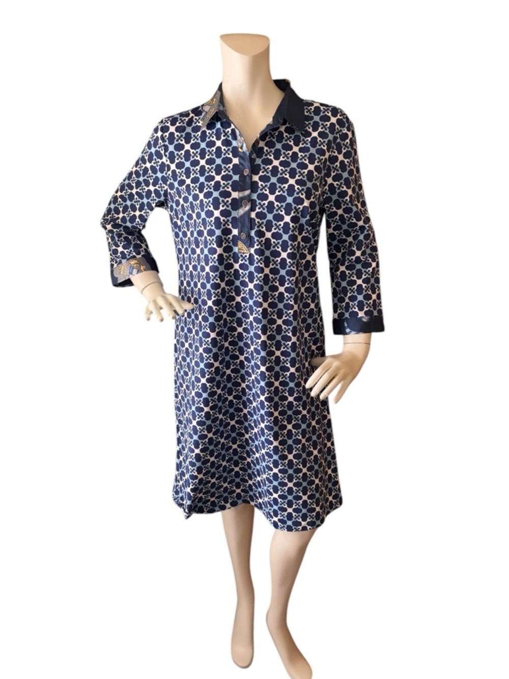 J. McLaughlin Elena Dress Navy Blue Essex Geo Catalina Cloth 3/4 Sleeve, L